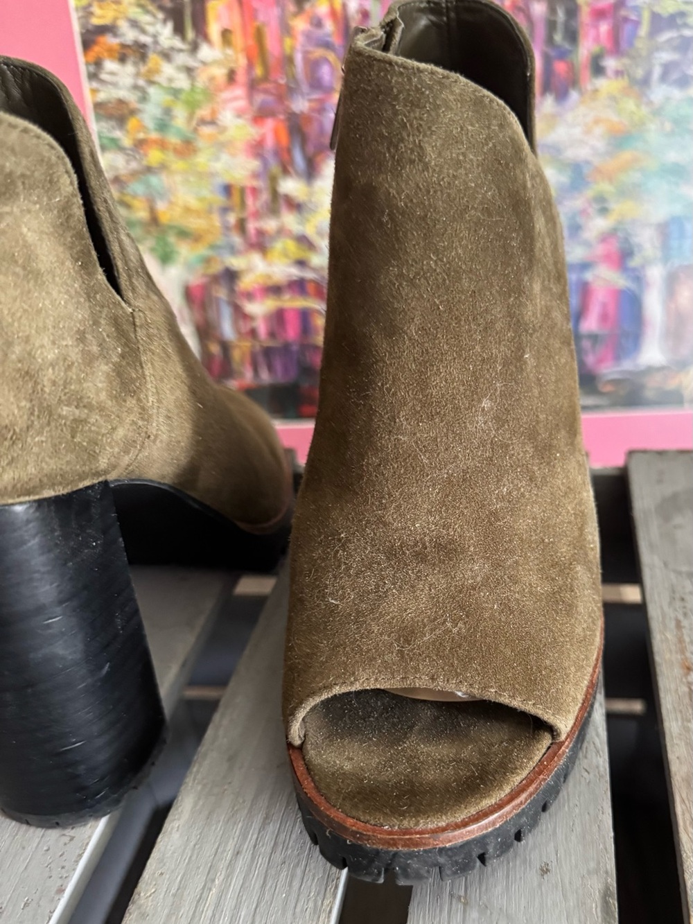 Vince Camuto Olive Suede Open-Toe Chunky Heel Booties-Never Worn